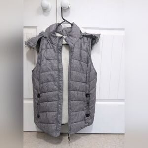 Gray Puffer Vest with Faux Fur Trim